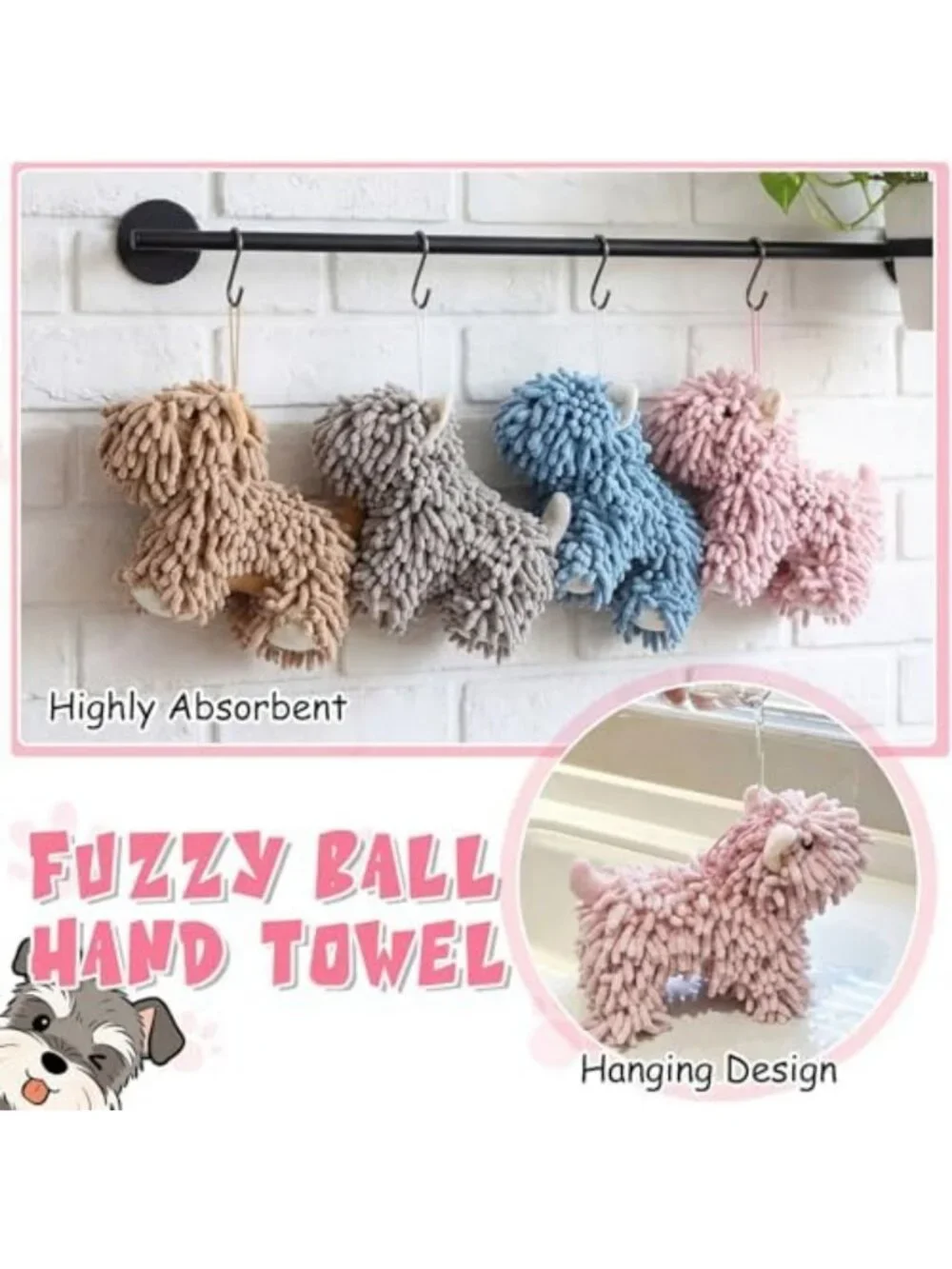 Soft Chenille Dog Hand Towels Set of 4 - Gray, Brown, Pink, Blue - Cute Dog